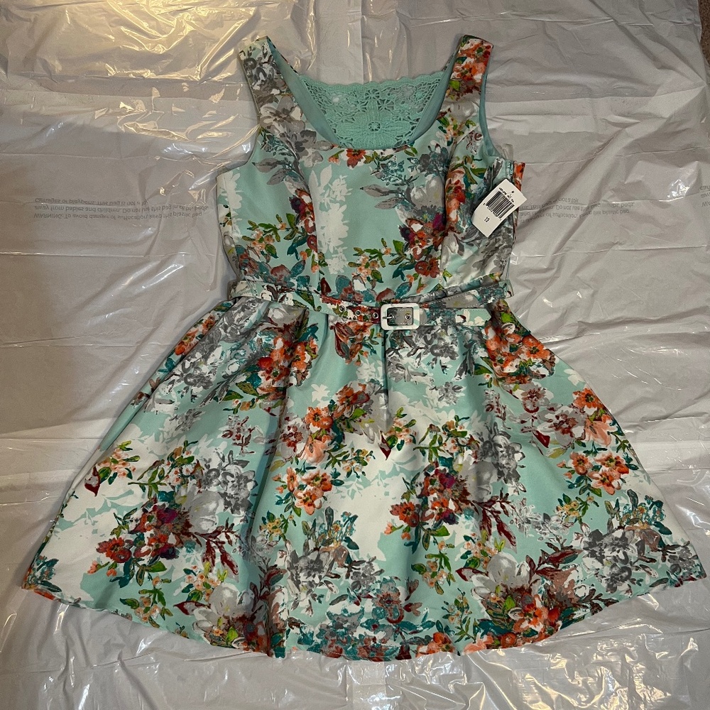 NWT Teeze Me Juniors Lace Back Sleeveless Fit&Flare Floral Dress in Mint 13/14 - Picture 6 of 16